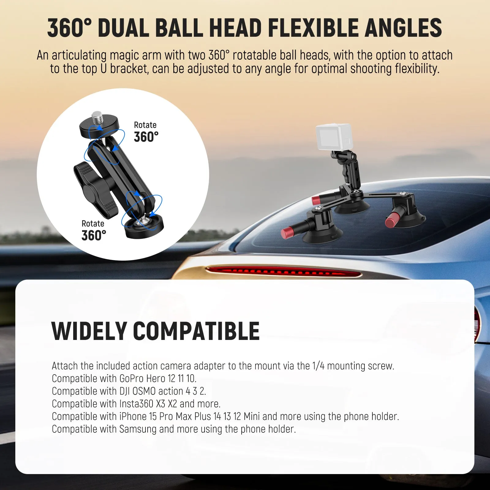NEEWER CA067 Triple Suction Cup Camera Car Mount