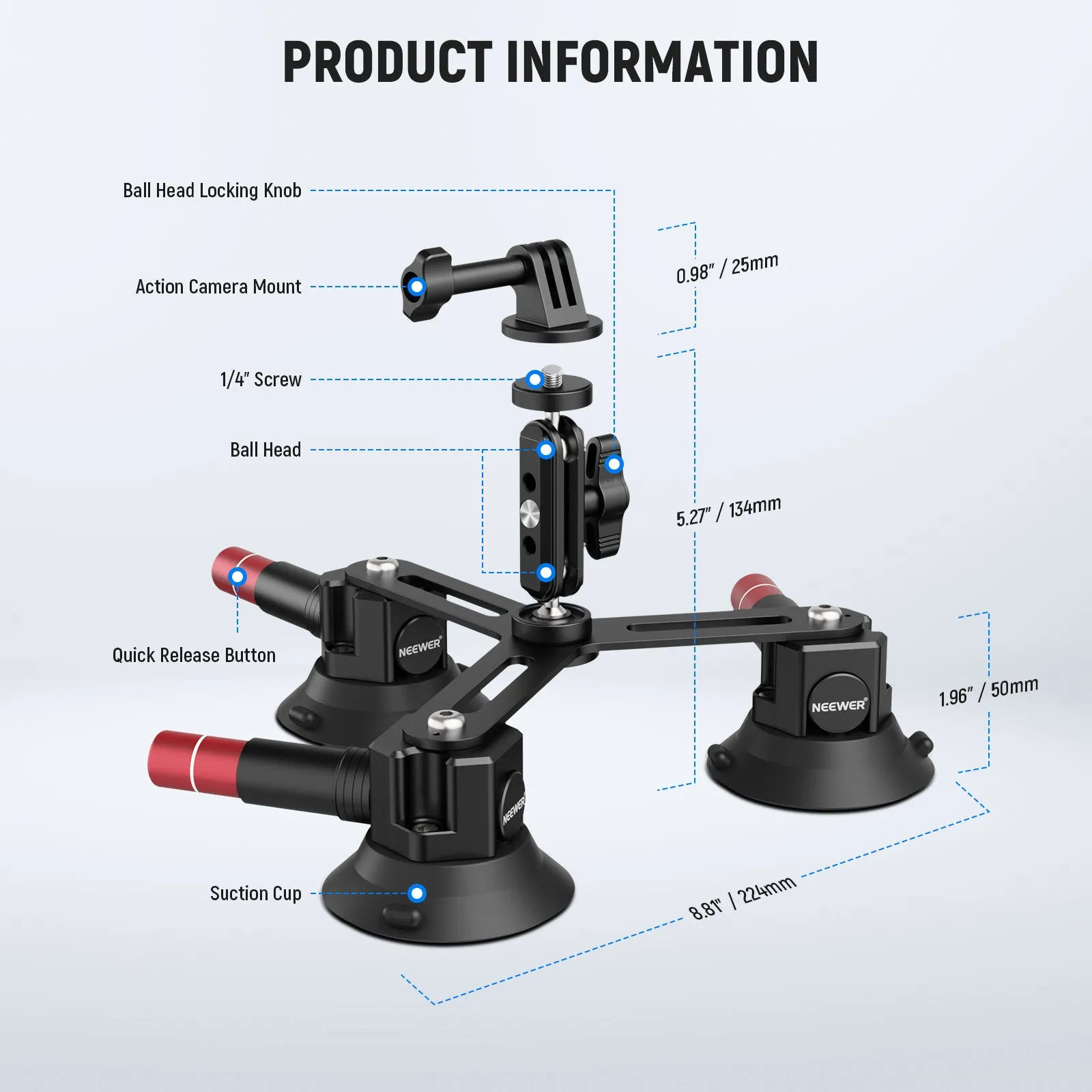 NEEWER CA067 Triple Suction Cup Camera Car Mount
