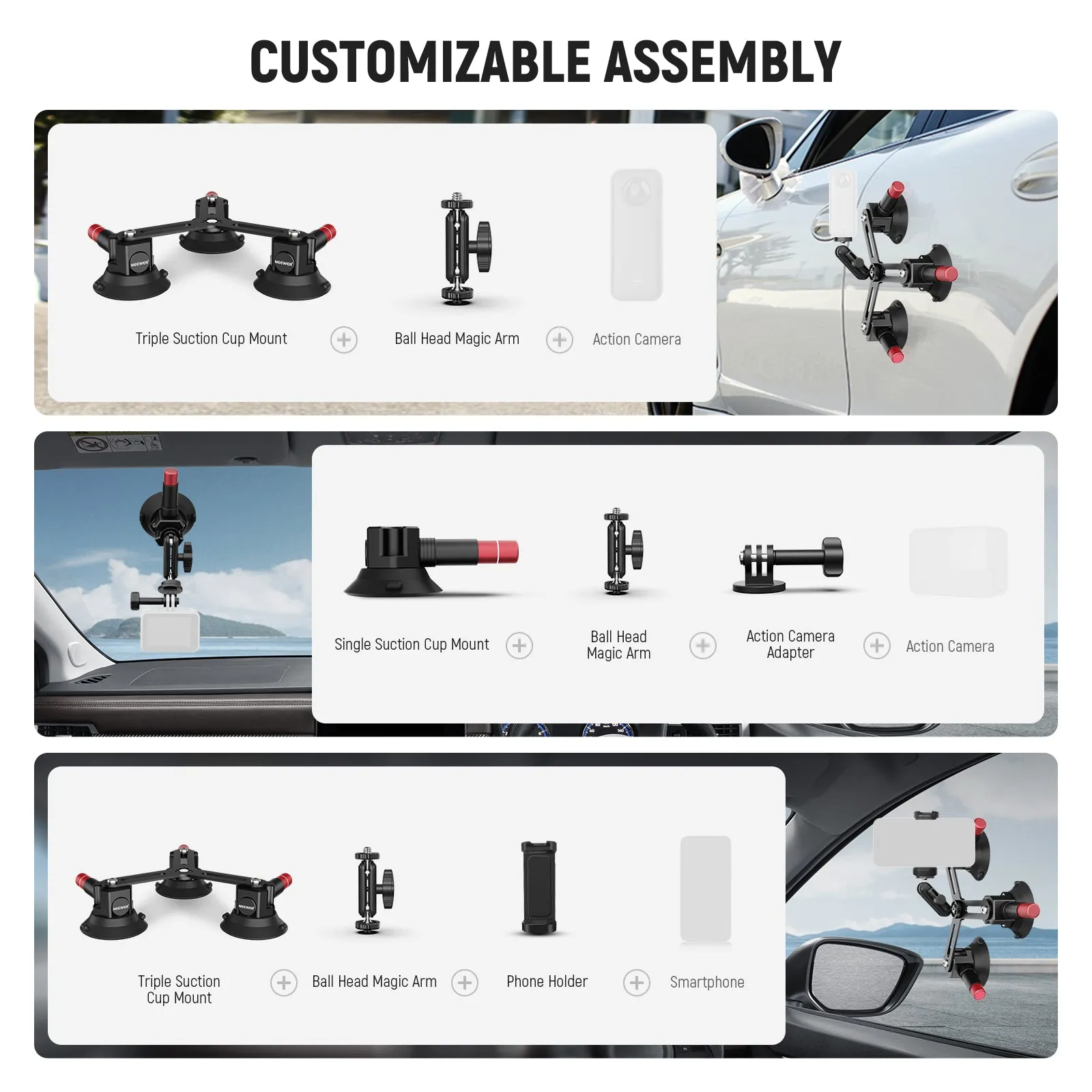 NEEWER CA067 Triple Suction Cup Camera Car Mount