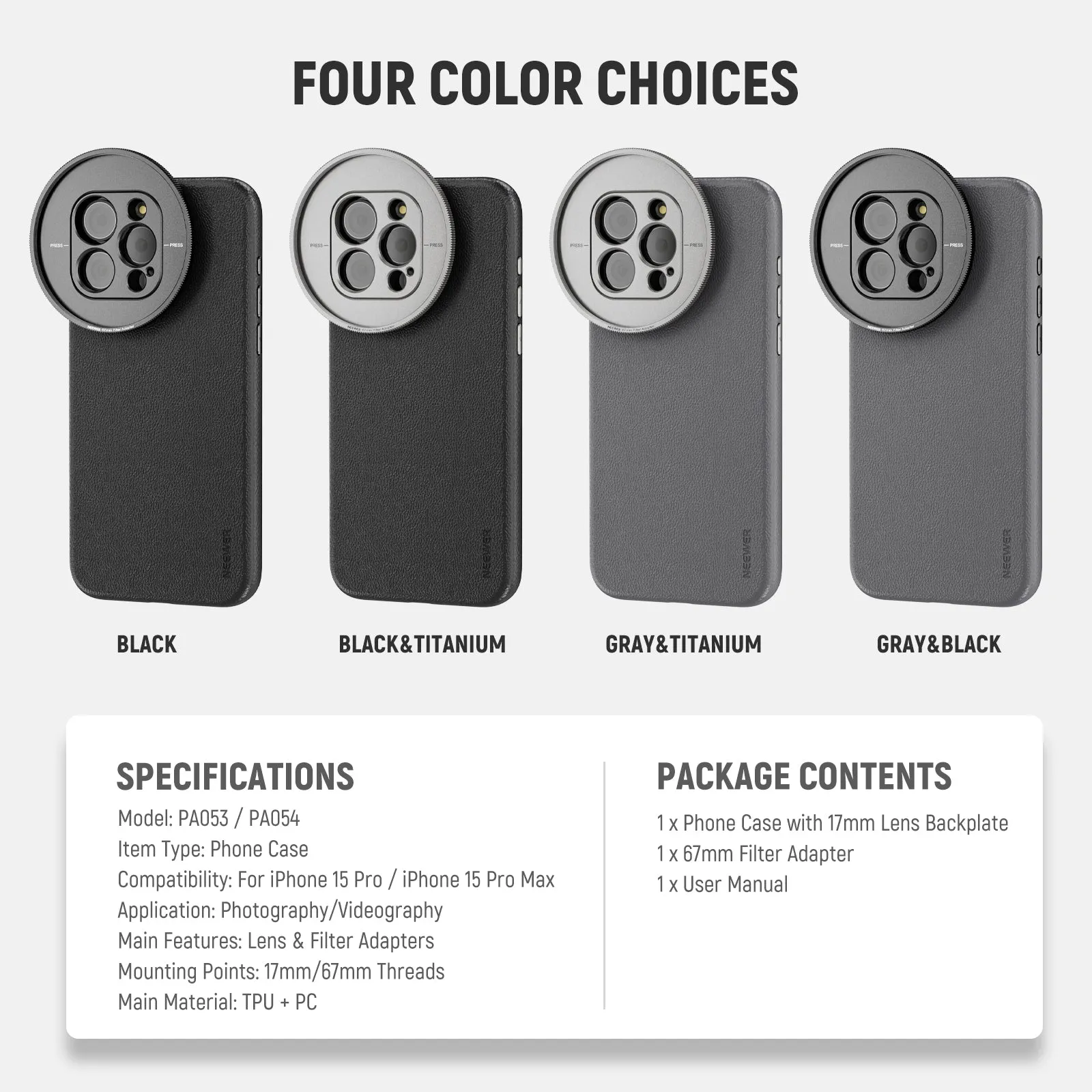 NEEWER PA053/PA054 Case for iPhone 15 Pro/Pro Max with 17mm/67mm Adapters