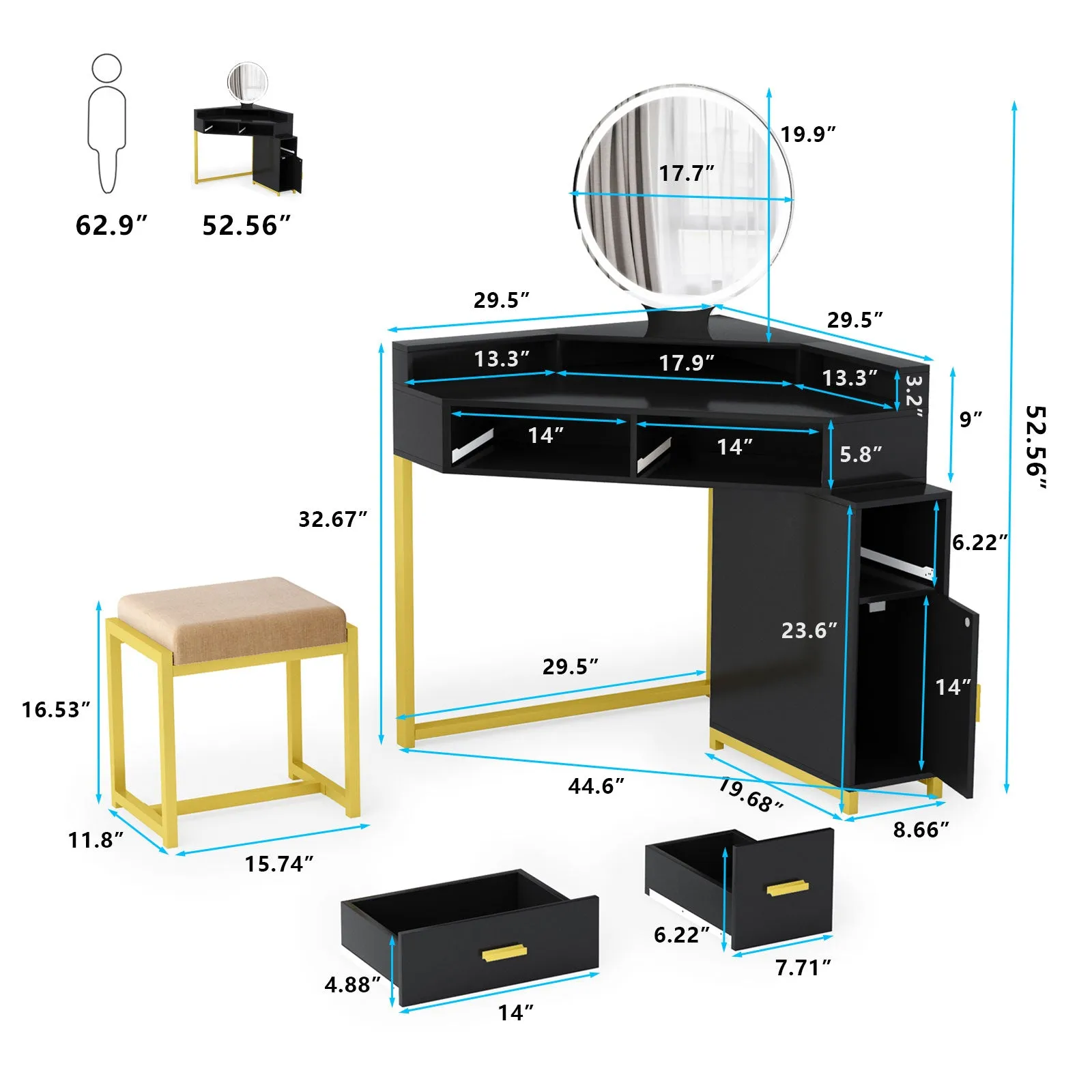 PAKASEPT Corner Vanity Set with Lighted Mirror, Makeup Dressing Table with Drawers, Cabinet and Cushioned Stool, Girls Vanity Desk for Bathroom, Bedroom