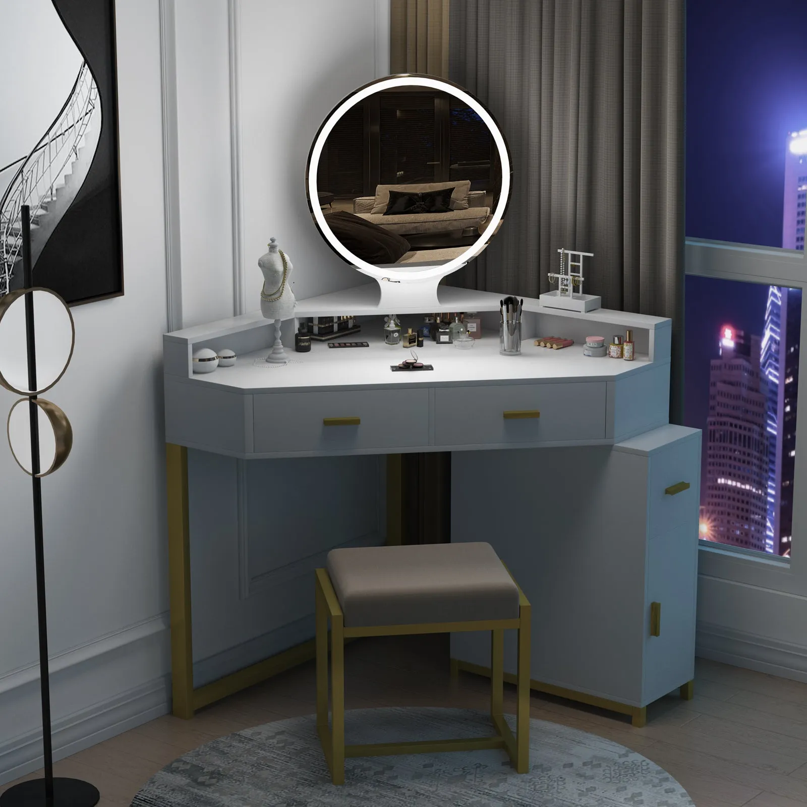 PAKASEPT Corner Vanity Set with Lighted Mirror, Makeup Dressing Table with Drawers, Cabinet and Cushioned Stool, Girls Vanity Desk for Bathroom, Bedroom