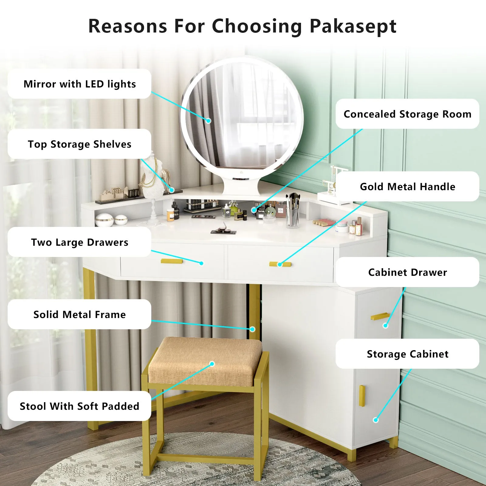 PAKASEPT Corner Vanity Set with Lighted Mirror, Makeup Dressing Table with Drawers, Cabinet and Cushioned Stool, Girls Vanity Desk for Bathroom, Bedroom