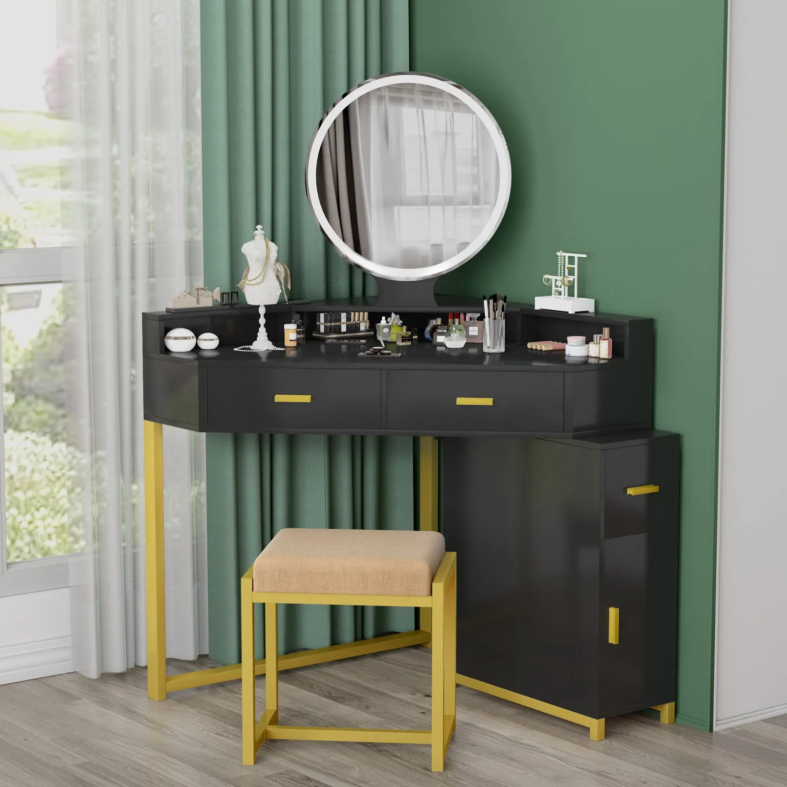 PAKASEPT Corner Vanity Set with Lighted Mirror, Makeup Dressing Table with Drawers, Cabinet and Cushioned Stool, Girls Vanity Desk for Bathroom, Bedroom