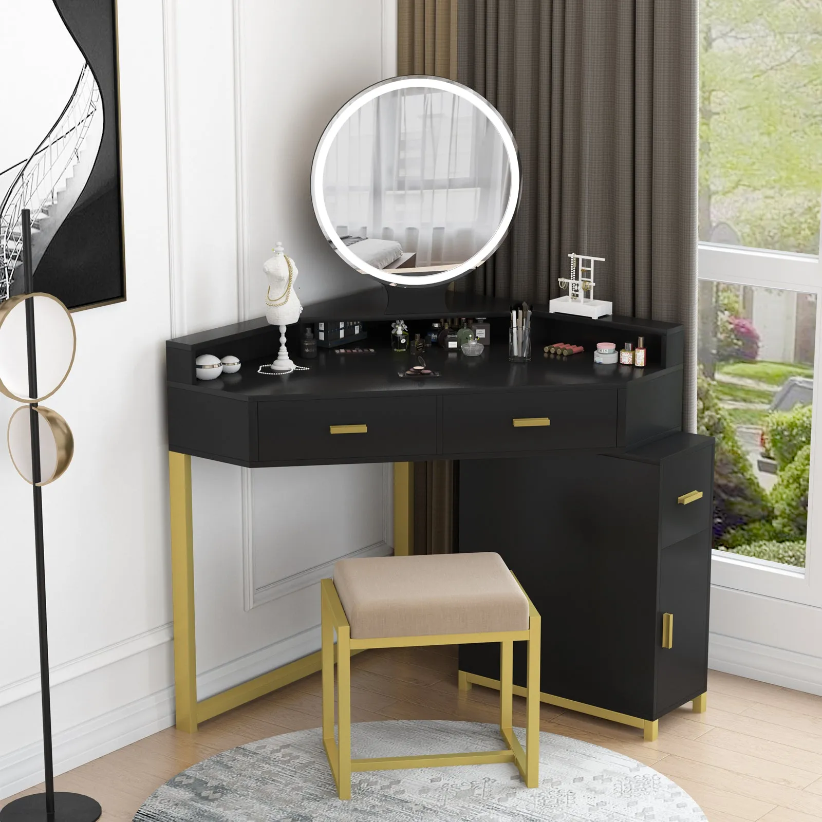 PAKASEPT Corner Vanity Set with Lighted Mirror, Makeup Dressing Table with Drawers, Cabinet and Cushioned Stool, Girls Vanity Desk for Bathroom, Bedroom