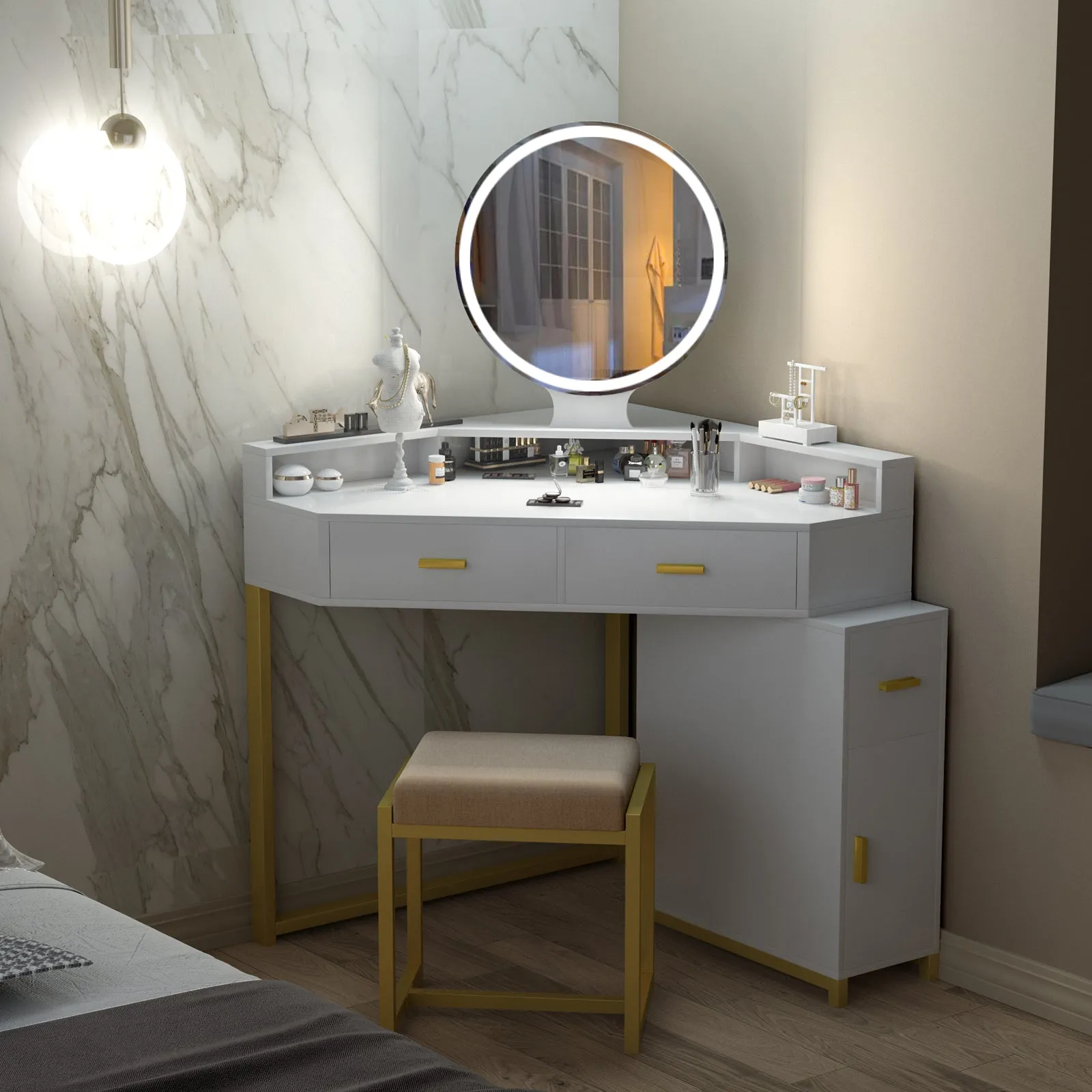 PAKASEPT Corner Vanity Set with Lighted Mirror, Makeup Dressing Table with Drawers, Cabinet and Cushioned Stool, Girls Vanity Desk for Bathroom, Bedroom