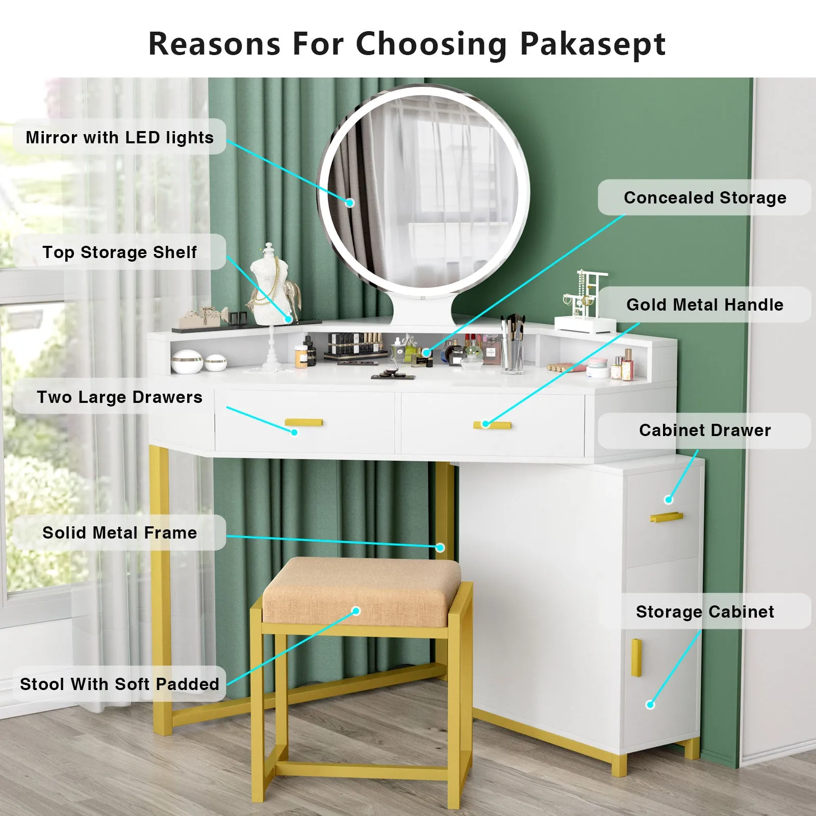 PAKASEPT Corner Vanity Set with Lighted Mirror, Makeup Dressing Table with Drawers, Cabinet and Cushioned Stool, Girls Vanity Desk for Bathroom, Bedroom