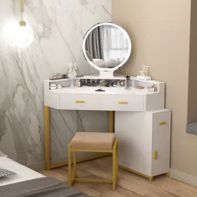 PAKASEPT Corner Vanity Set with Lighted Mirror, Makeup Dressing Table with Drawers, Cabinet and Cushioned Stool, Girls Vanity Desk for Bathroom, Bedroom