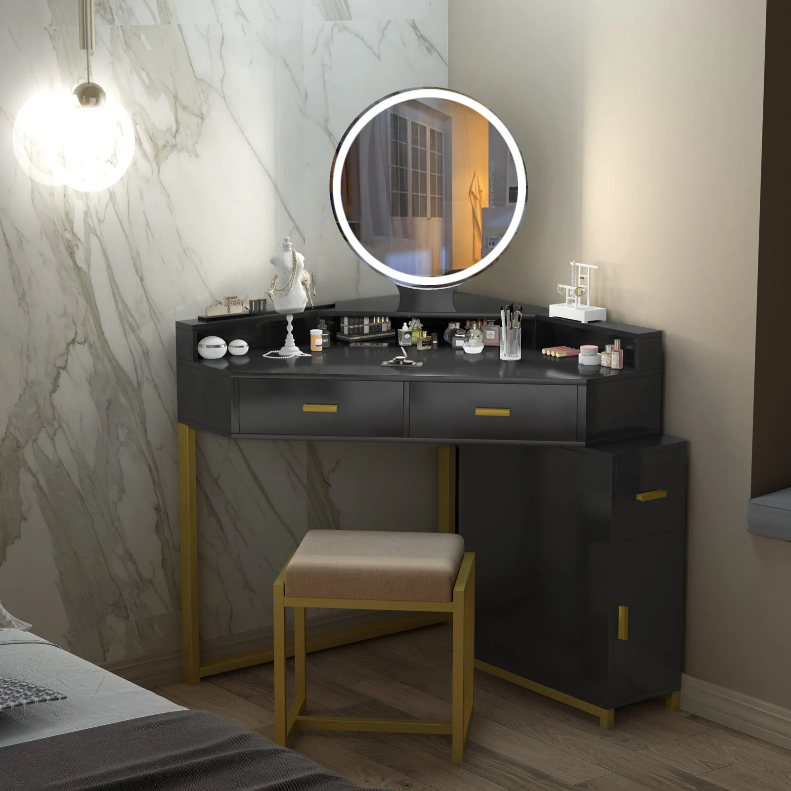PAKASEPT Corner Vanity Set with Lighted Mirror, Makeup Dressing Table with Drawers, Cabinet and Cushioned Stool, Girls Vanity Desk for Bathroom, Bedroom