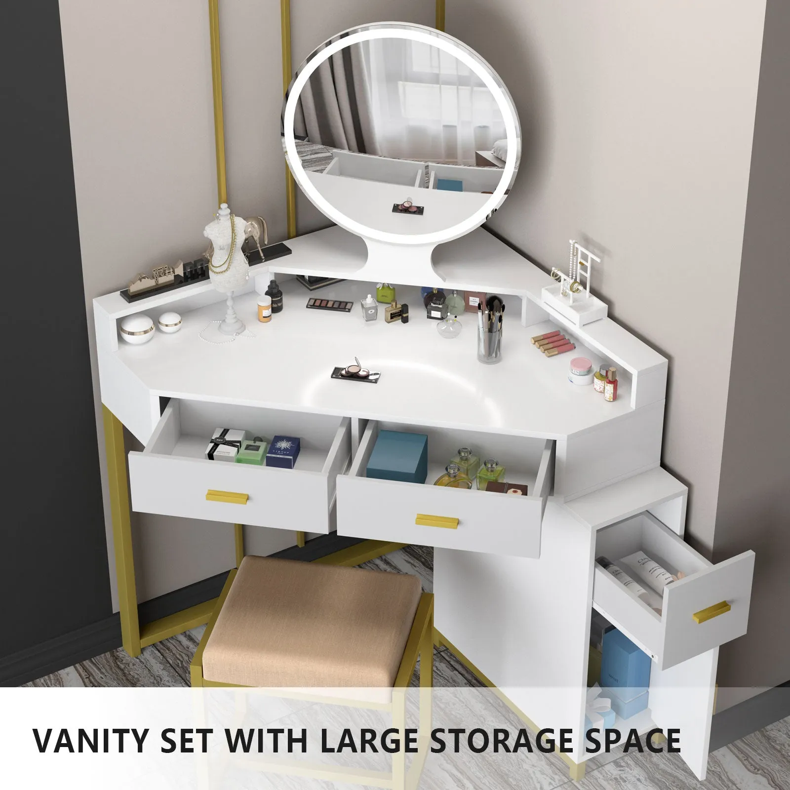 PAKASEPT Corner Vanity Set with Lighted Mirror, Makeup Dressing Table with Drawers, Cabinet and Cushioned Stool, Girls Vanity Desk for Bathroom, Bedroom
