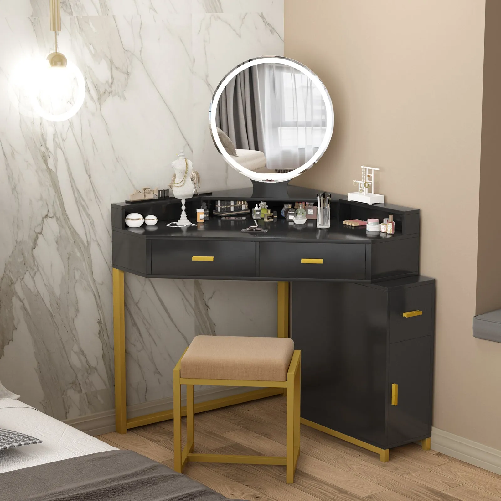 PAKASEPT Corner Vanity Set with Lighted Mirror, Makeup Dressing Table with Drawers, Cabinet and Cushioned Stool, Girls Vanity Desk for Bathroom, Bedroom