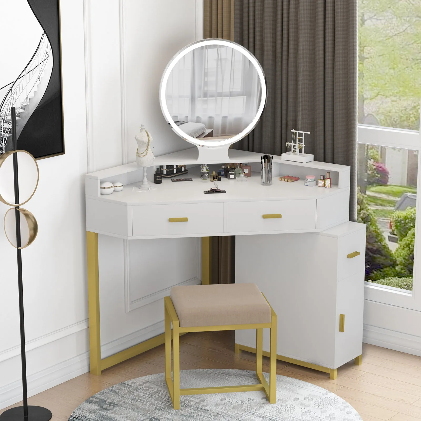 PAKASEPT Corner Vanity Set with Lighted Mirror, Makeup Dressing Table with Drawers, Cabinet and Cushioned Stool, Girls Vanity Desk for Bathroom, Bedroom