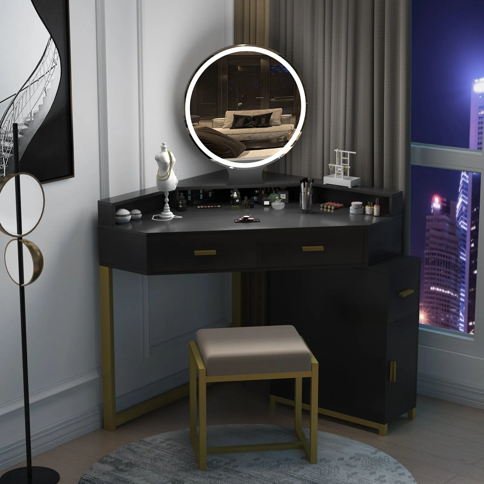 PAKASEPT Corner Vanity Set with Lighted Mirror, Makeup Dressing Table with Drawers, Cabinet and Cushioned Stool, Girls Vanity Desk for Bathroom, Bedroom