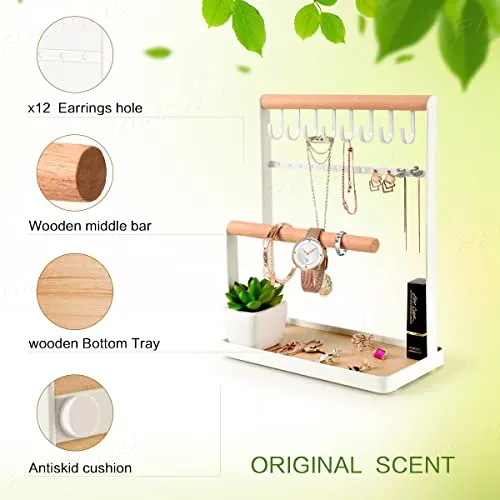 PAMANO Jewelry Organizer Necklace Stand Holder, 4-Tier Hanging Wooden Ring Earring Tray, 8 Hooks Necklaces Storage 12 Earring holes, Bracelets, Rings & Watches Display On Desk Tabletop - White
