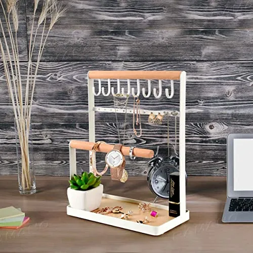PAMANO Jewelry Organizer Necklace Stand Holder, 4-Tier Hanging Wooden Ring Earring Tray, 8 Hooks Necklaces Storage 12 Earring holes, Bracelets, Rings & Watches Display On Desk Tabletop - White