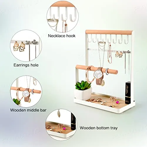 PAMANO Jewelry Organizer Necklace Stand Holder, 4-Tier Hanging Wooden Ring Earring Tray, 8 Hooks Necklaces Storage 12 Earring holes, Bracelets, Rings & Watches Display On Desk Tabletop - White