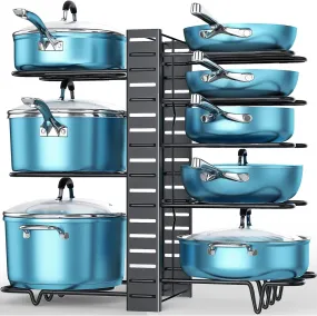 Pots and Pans Organizer for Cabinet, 8 Tier Pot Rack with 3 DIY Methods, Adjustable Pan O...