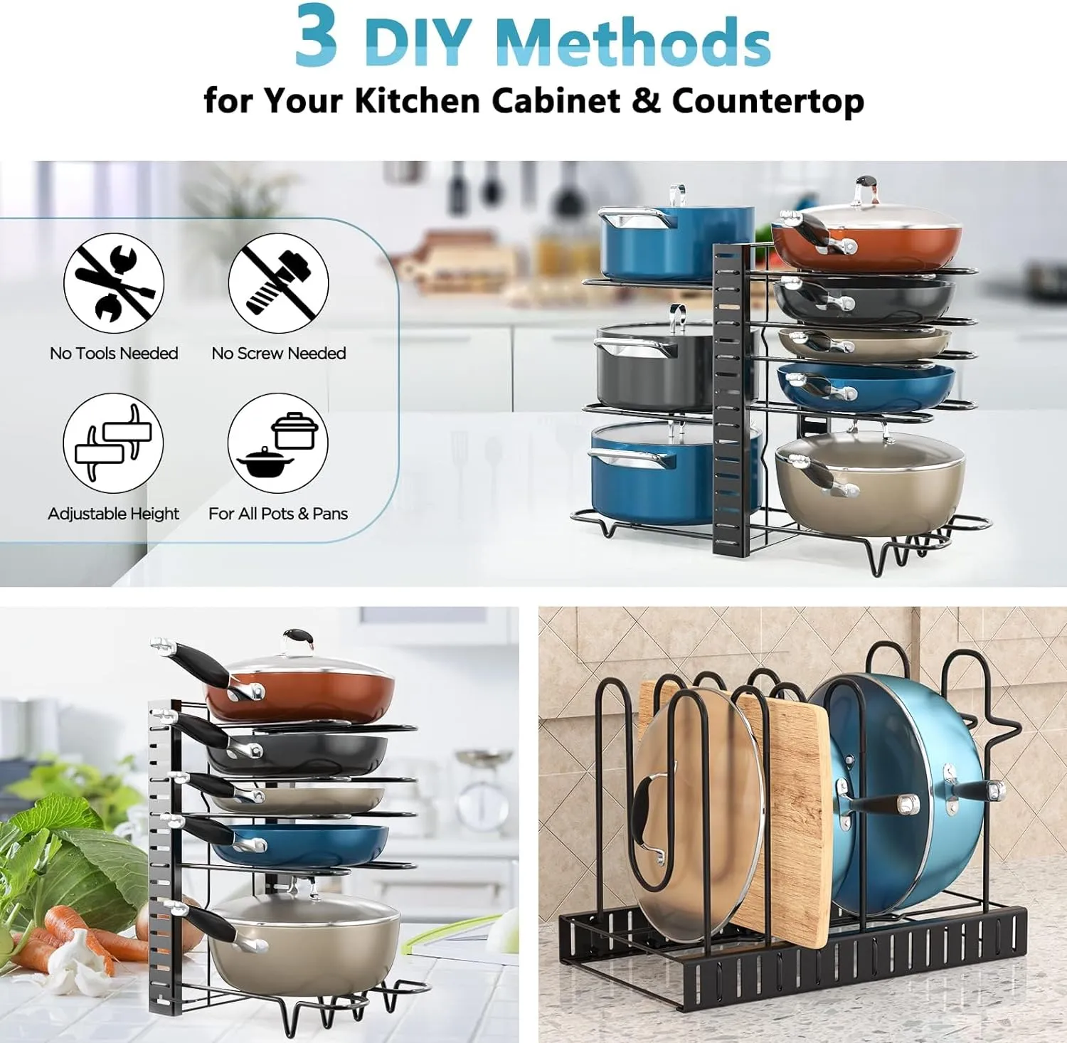 Pots and Pans Organizer for Cabinet, 8 Tier Pot Rack with 3 DIY Methods, Adjustable Pan O...