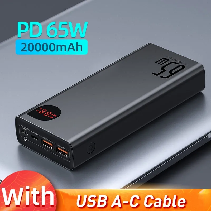 Power Bank Portable Baseus 65W 30000mAh/20000mAh PD QC For Smart Phone Laptop Tablet