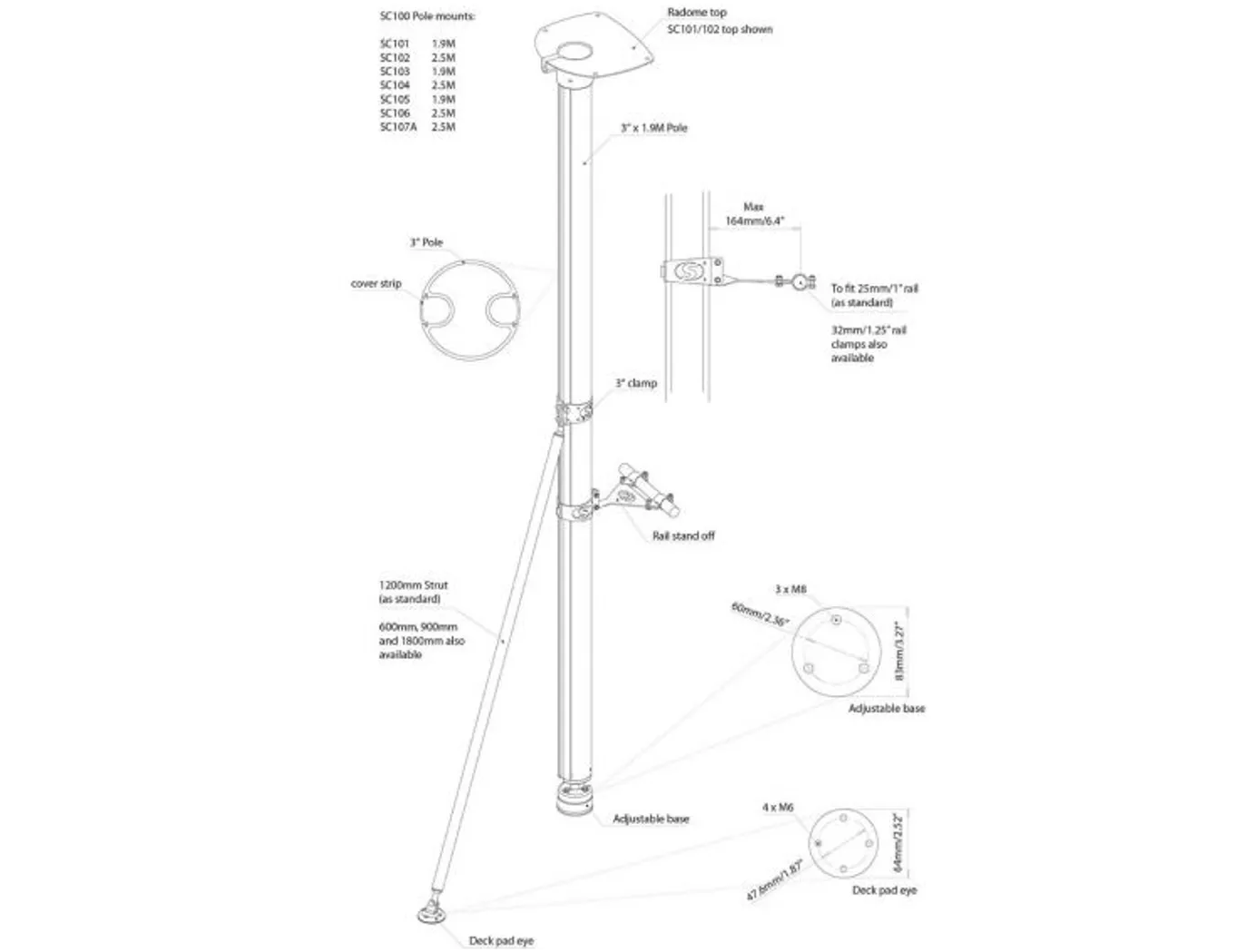 Scanstrut SC101 Pole system - 1.9m complete SC100 kit for 2kW & 4kW Raymarine radomes - Aluminium