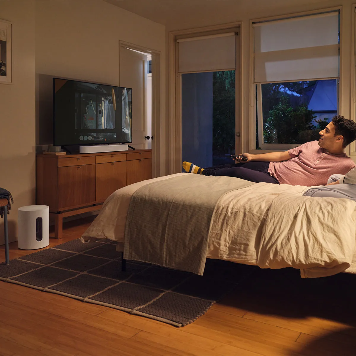 Sonos Immersive Set with Ray Compact Soundbar, Sub Mini Wireless Subwoofer, and Pair of Era 100 Wireless Smart Speakers (White)