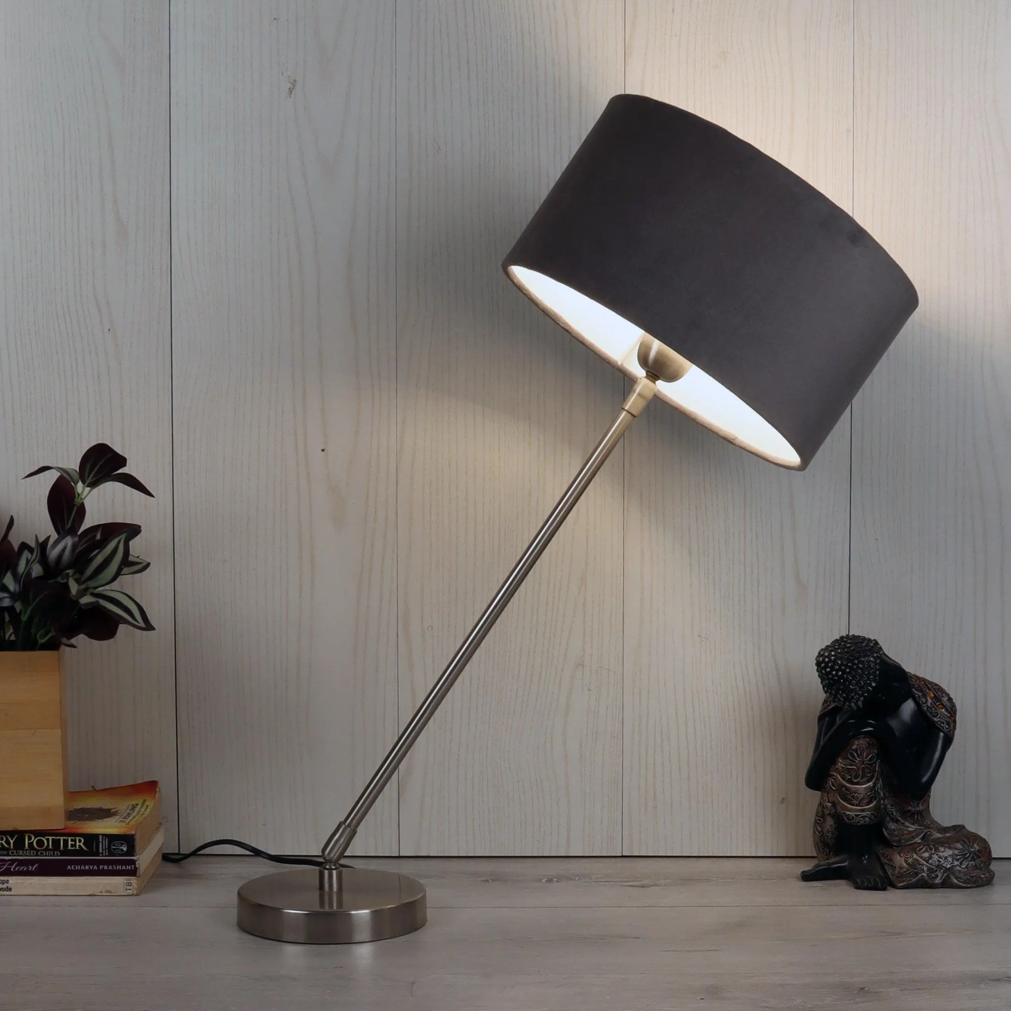 Stylish Silver Table Lamp Light With Grey Velvet Shade | Decorative Lampshade For Home Decor