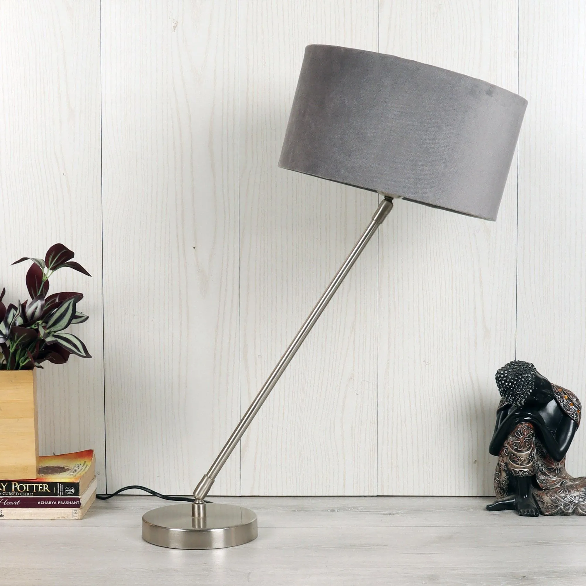 Stylish Silver Table Lamp Light With Grey Velvet Shade | Decorative Lampshade For Home Decor