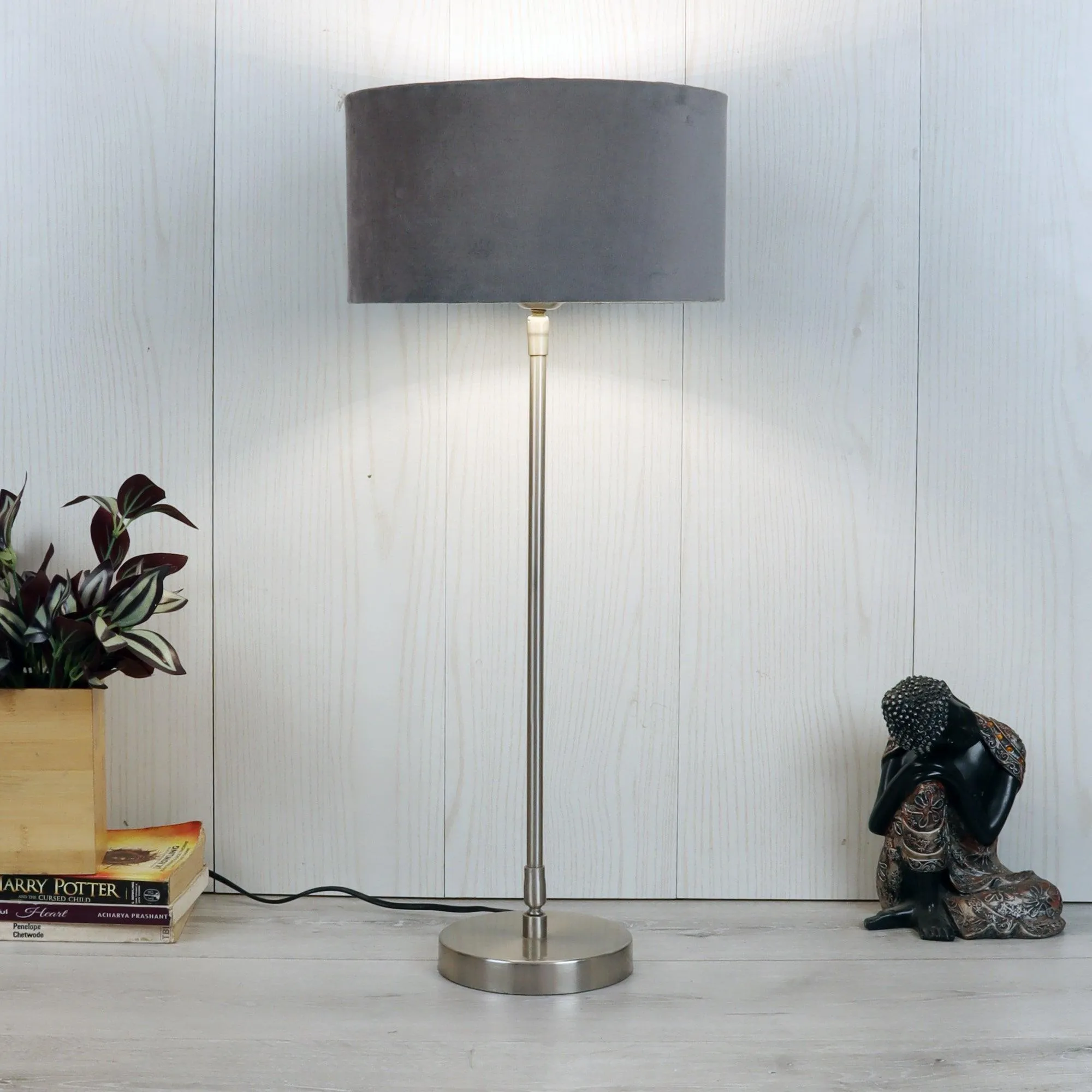 Stylish Silver Table Lamp Light With Grey Velvet Shade | Decorative Lampshade For Home Decor