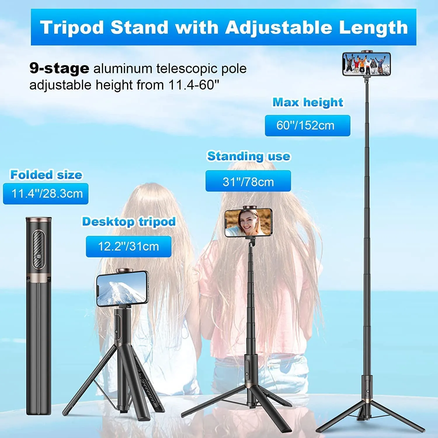 TONEOF 152cm Phone Selfie Stick Tripod, All-in-1 Tripod with Wireless Remote for 4"-7" Phone（TONEOF-AE is the Only Genuine Store)