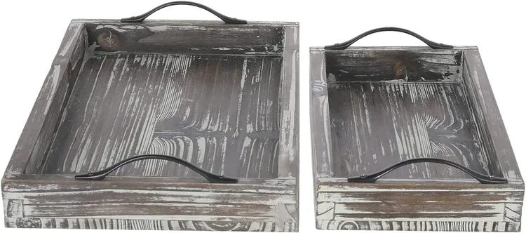 Torched Wood Rectangular Jewelry and Vanity Trays with Matte Black Metal Handles - Small and Large, Set of 2