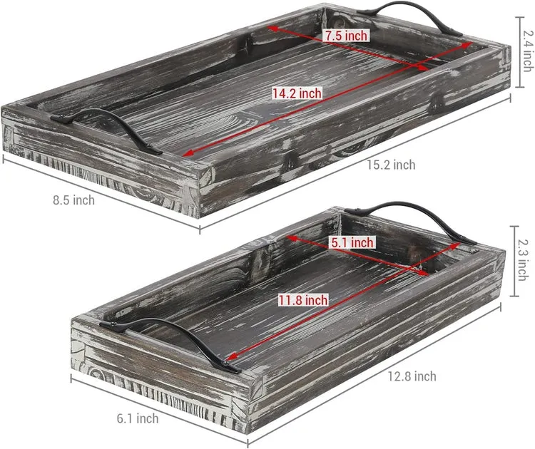 Torched Wood Rectangular Jewelry and Vanity Trays with Matte Black Metal Handles - Small and Large, Set of 2