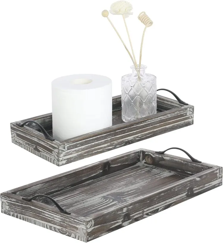 Torched Wood Rectangular Jewelry and Vanity Trays with Matte Black Metal Handles - Small and Large, Set of 2