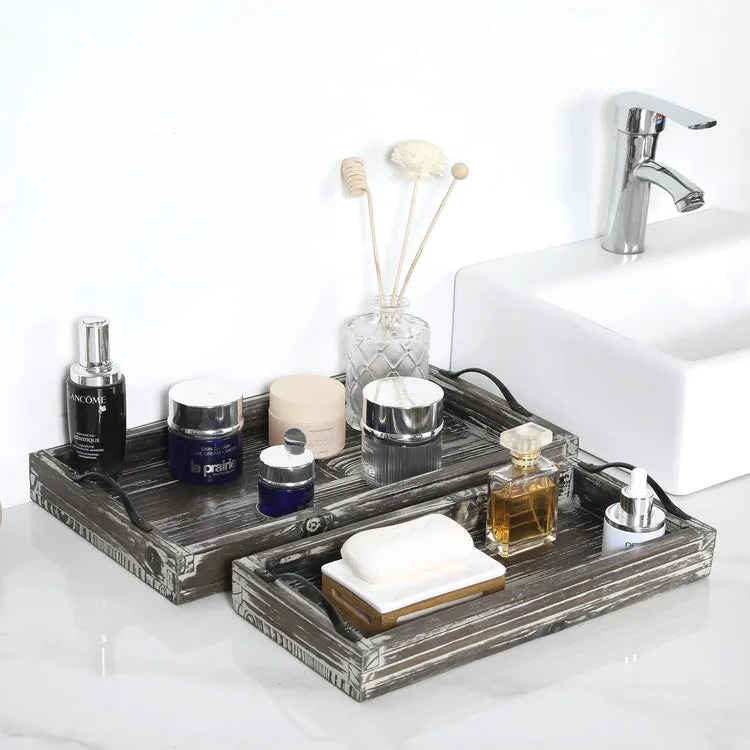Torched Wood Rectangular Jewelry and Vanity Trays with Matte Black Metal Handles - Small and Large, Set of 2