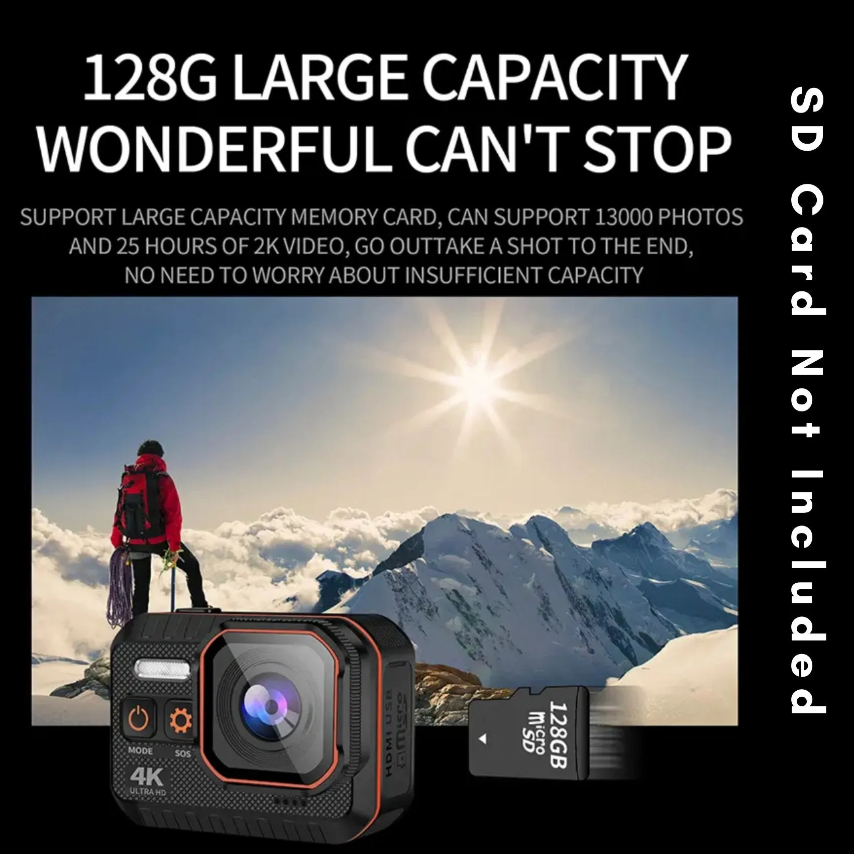 TUTT 4K 60fps 20MP Waterproof Action Camera Dash Cam 2” IPS Display IP68 Waterproof Underwater Wi-fi Motion Camera Hamlet Vlogging Hard Case 128GB SanDisk 3 in 1 SD/TF/Charging Kit