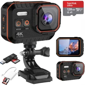 TUTT 4K 60fps 20MP Waterproof Action Camera Dash Cam 2” IPS Display IP68 Waterproof Underwater Wi-fi Motion Camera Hamlet Vlogging Hard Case 128GB SanDisk 3 in 1 SD/TF/Charging Kit