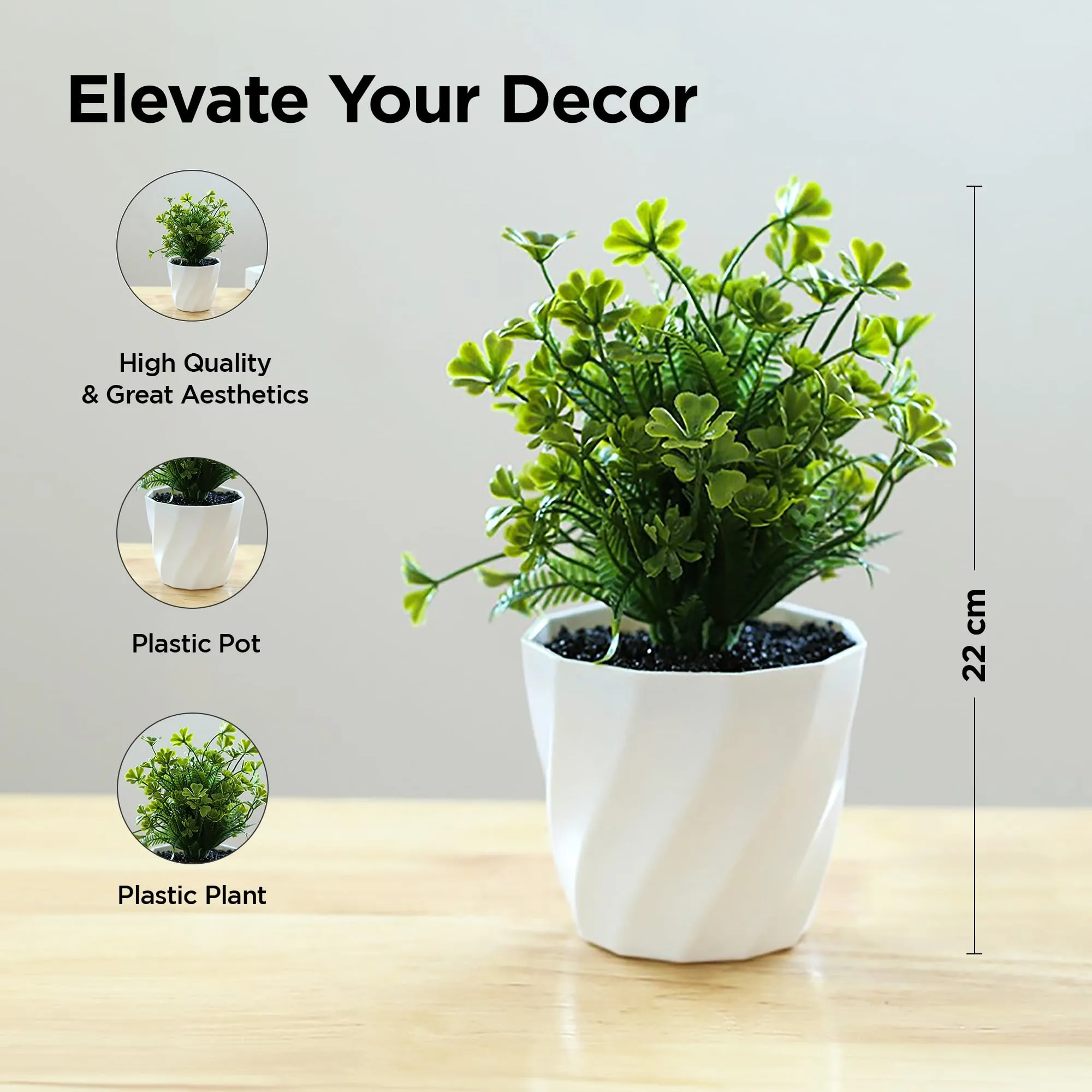 UMAI Artificial Plant with Pot for Home Decor 22 cm | Small Grass Balls Plastic Plants for Office Desk Bedroom Balcony Living Room | Natural Look Decoration - Table Top Shelves Green