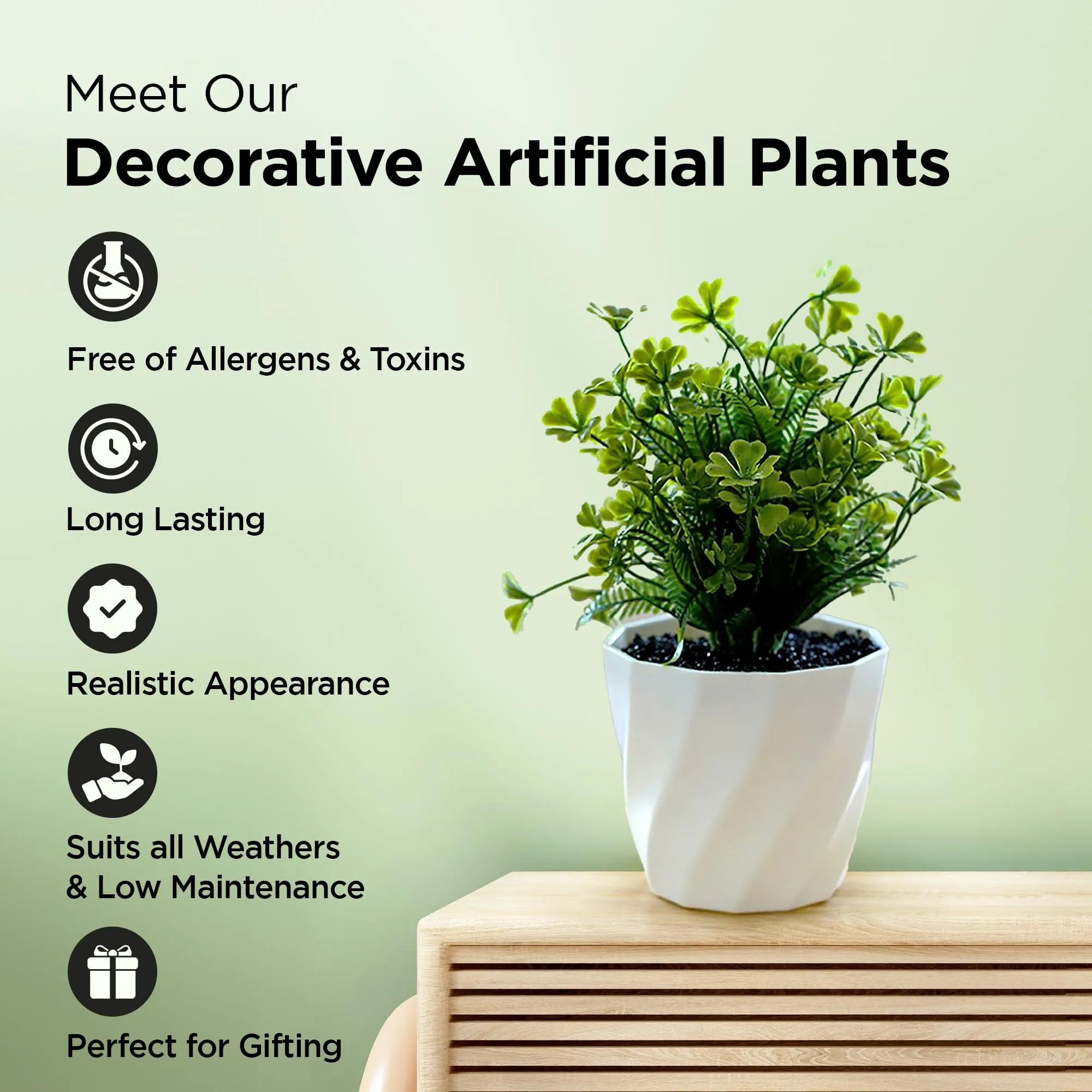 UMAI Artificial Plant with Pot for Home Decor 22 cm | Small Grass Balls Plastic Plants for Office Desk Bedroom Balcony Living Room | Natural Look Decoration - Table Top Shelves Green