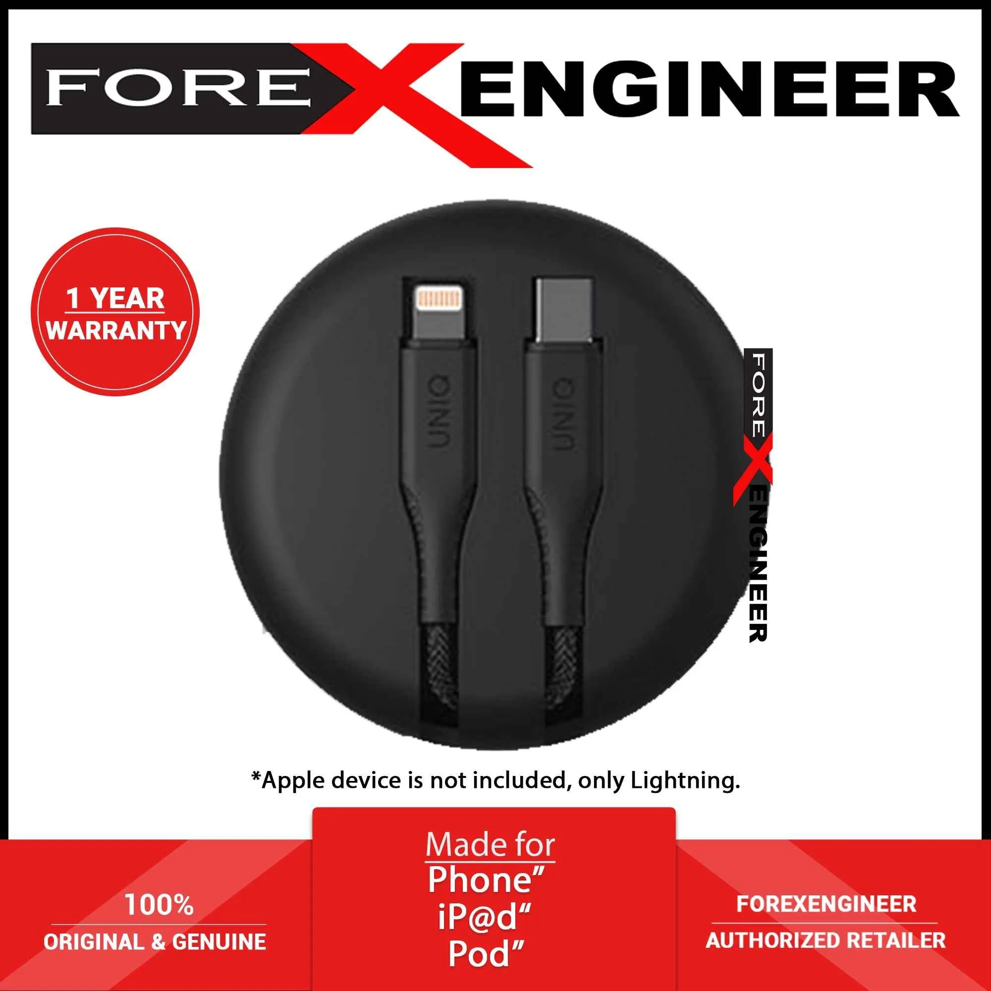 Uniq Halo Smart Cable Organiser ( USB-C to Lightning ) Support 18W PD - Black (Barcode: 8886463665992 )