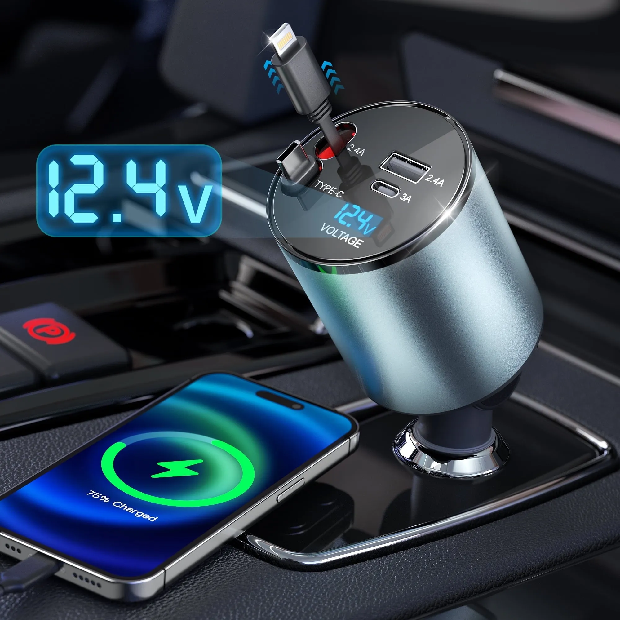 valiant 4 in 1 Retractable Car Charger 66W Fast Car Phone Charger with Retractable Cables