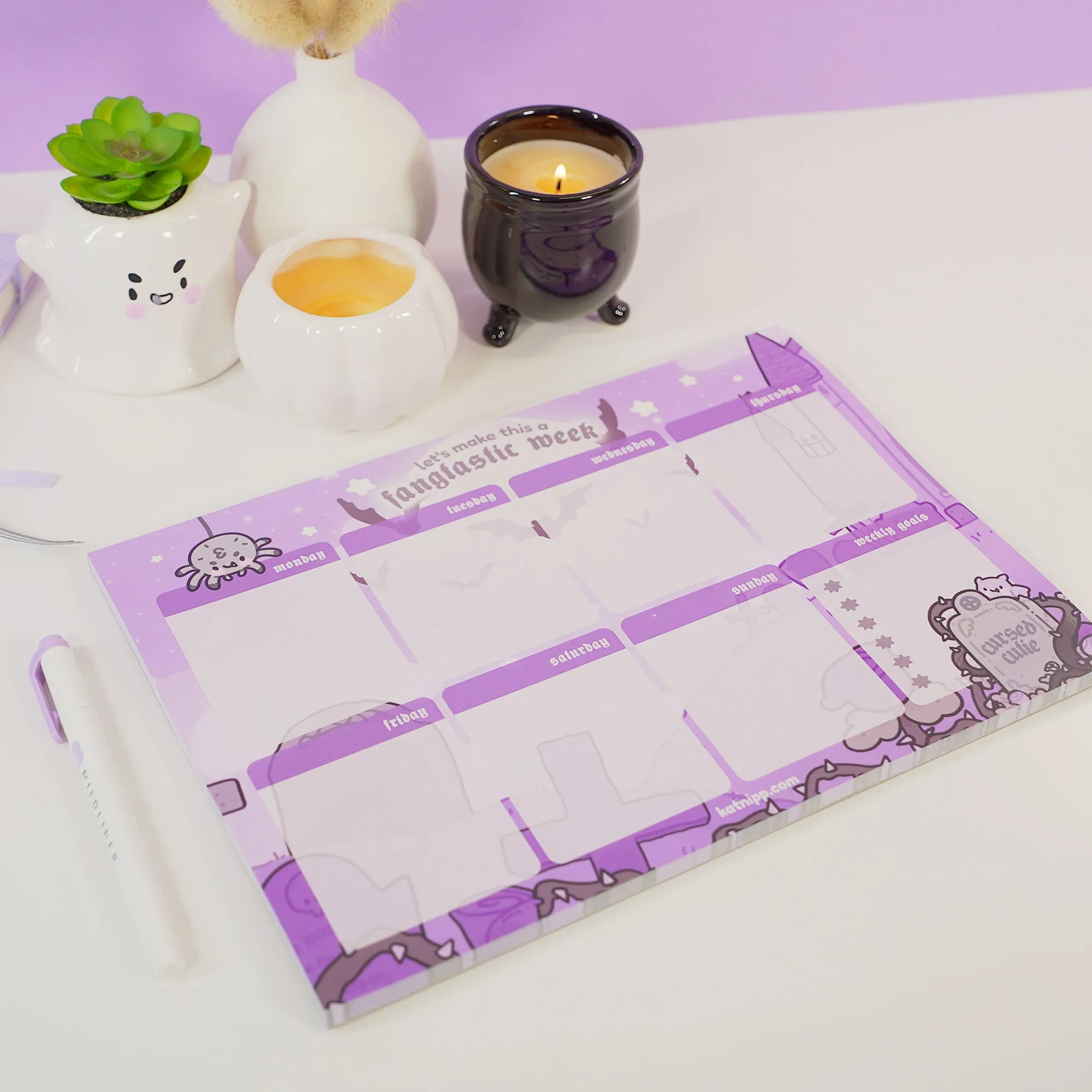 Vampies Vault A4 Weekly Desk Planner | Gothic Halloween Stationery | Kawaii Spooky Vampire, Spider & Bat Organizer