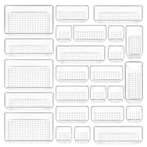 Vtopmart 25 PCS Clear Plastic Drawer Organizers Set, 4-Size Versatile Bathroom and Vanity Drawer Organizer Trays, Storage Bins for Makeup, Bedroom, Kitchen Gadgets Utensils and Office
