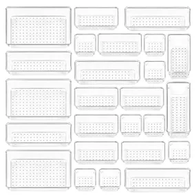 Vtopmart 25 PCS Clear Plastic Drawer Organizers Set, 4-Size Versatile Bathroom and Vanity Drawer Organizer Trays, Storage Bins for Makeup, Bedroom, Kitchen Gadgets Utensils and Office