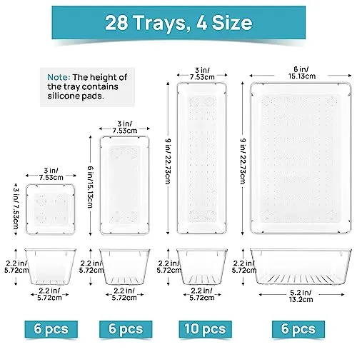 Vtopmart 28 PCS Clear Plastic Drawer Organizers Set, 4-Size Bathroom and Vanity Drawer Organizer Trays, Acrylic Storage Bins for Makeup, Cosmetic, Kitchen Utensils, Tool Organizer for Gadgets