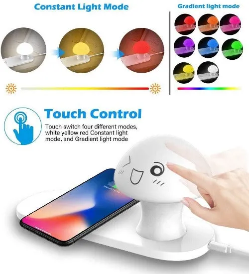 Wireless Charger With Touch-Control Silicone Mushroom Night Light For Bedroom