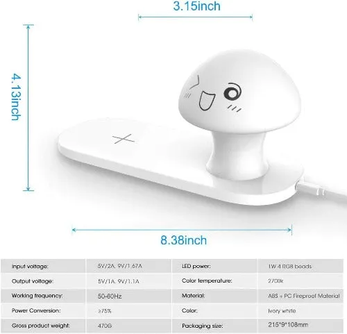 Wireless Charger With Touch-Control Silicone Mushroom Night Light For Bedroom
